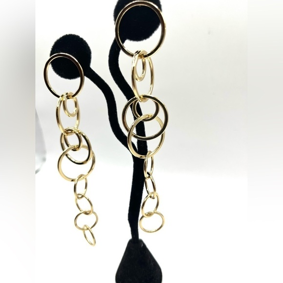 Long 5 in Round Geometric Gold Tone Round  Drop Earrings Long Shoulder Oversized - Picture 1 of 8